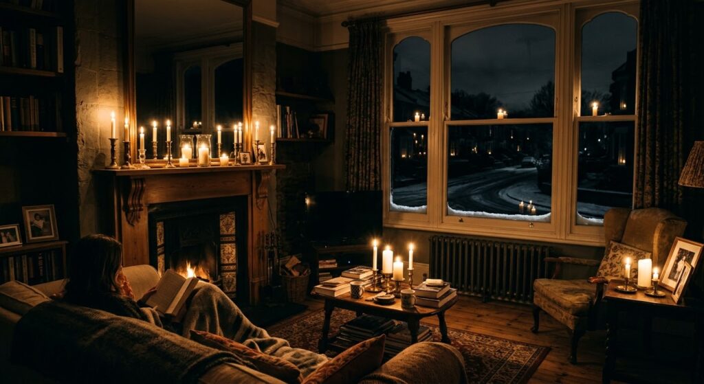 Candle lit lit room in winter blackout